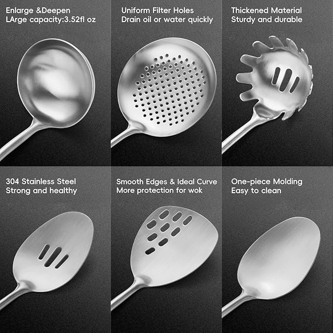 18/10 Stainless Steel Kitchen Utensils Set with Wood Handle Metal Cooking Utensils Set, 6-Piece - Spatula, Spoon, Ladle, Skimmer, Slotted Spoon, Pasta