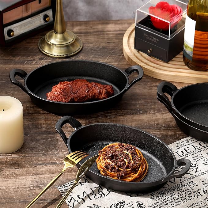 Mifoci 4 Pack Mini Cast Iron Fajita Skillet, 8.5" x 6.1" Oval Sizzling Steak Plate Pan Small Ramekin Set Black Casserole Dish for Stove Oven Grill Restaurant Kitchen Indoor Outdoor Picnic
