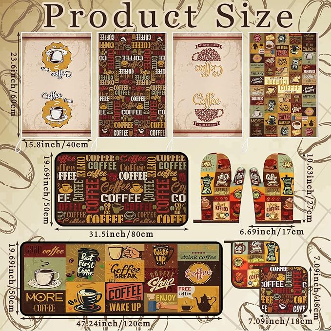10 Pcs Coffee Kitchen Decor and Accessories Coffee Oven Mitts and Pot Holders Set Dish Towels Farmhouse Kitchen Decor Retro Brown Gloves for Chef Baking Cooking Grilling BBQ Women Gift