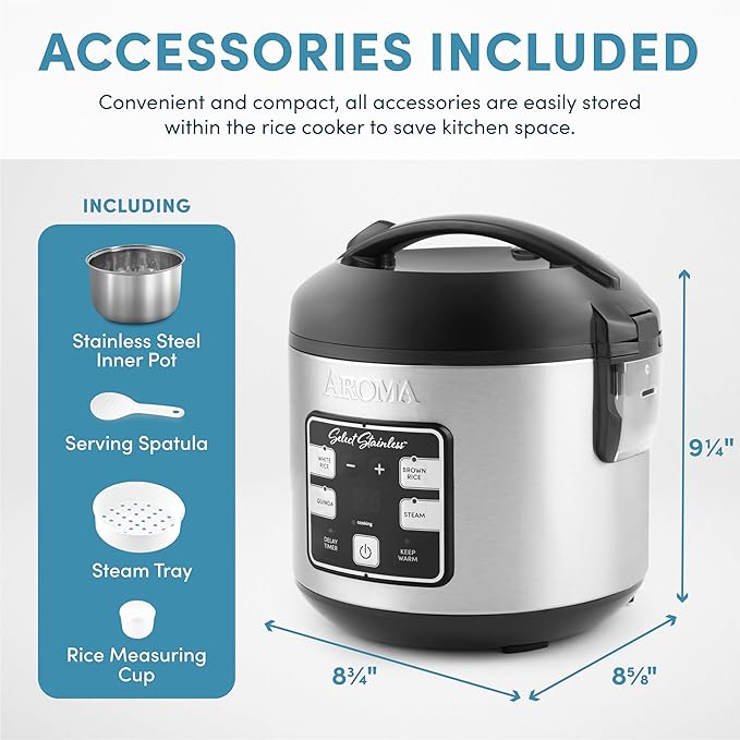AROMA® Select Stainless® Rice Cooker, 4-Cup (Uncooked) / 8-Cup (Cooked), Stainless Steel Inner Pot, Multicooker, Steamer, 2 Qt, Stainless Steel, ARC-914SBDS