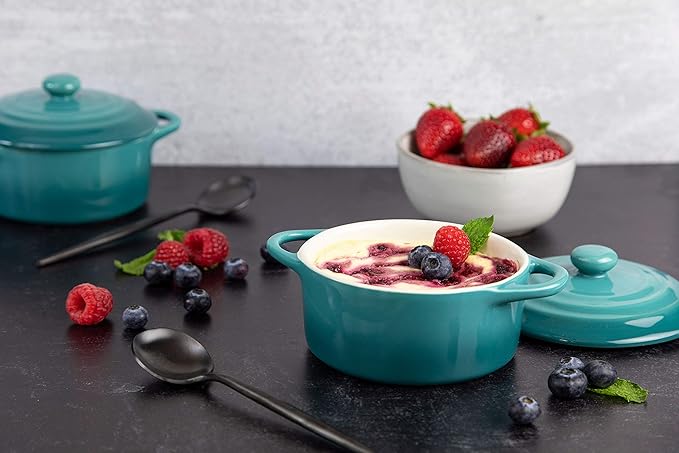 Kook Ceramic Mini Cocotte Set, Small Casserole Dishes with Lids and Handles, Individual Baking Ramekins, Oven safe 500F, Microwave & Dishwasher Safe, Stoneware, 12 oz, Set of 4, (Aqua Ombre)