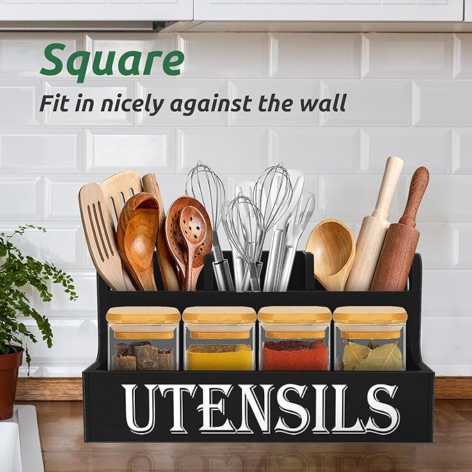 Suli Kitchen Utensils Holder, White Wooden Utensil Organizer for Kitchen Countertop, Farmhouse Utensil Storage, Rustic Cooking Utensils ,4 Compartments,- Black