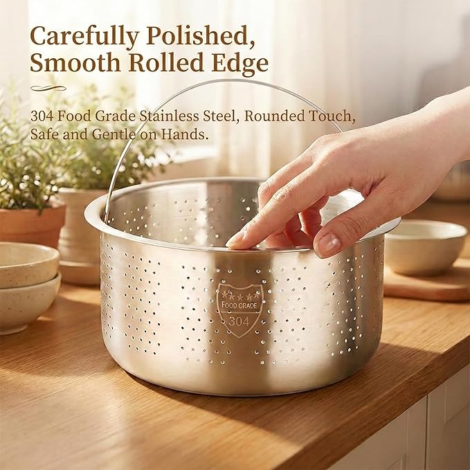 Stainless Steel Steamer Basket for 10-Cup Rice Cooker - Metal Steaming Rack with Handle, Effectively Removes Sugar from Rice for Healthy Diet, Vegetable Steamer Insert