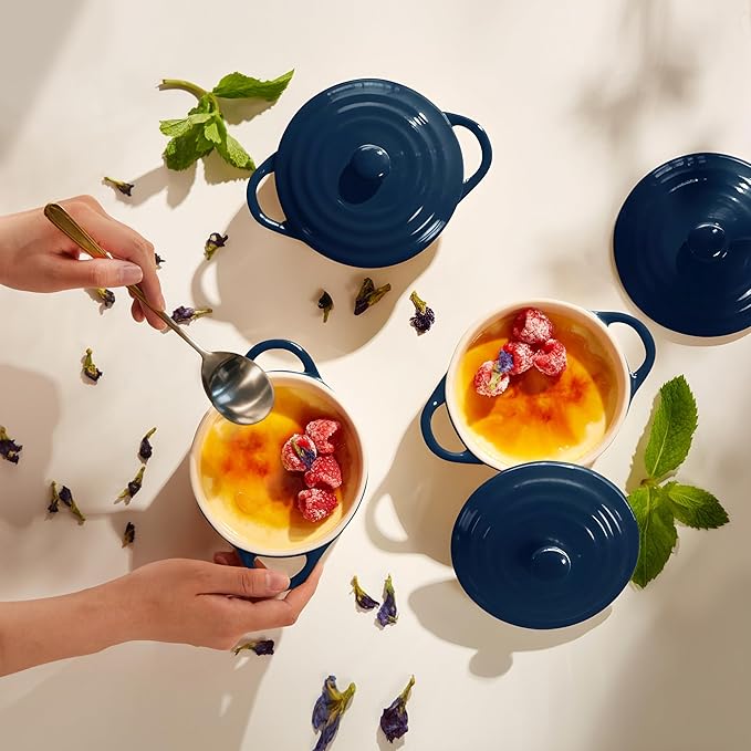 Kook Ceramic Mini Cocotte Set, Small Casserole Dishes with Lids and Handles, Individual Baking Ramekins, Oven safe 500F, Microwave & Dishwasher Safe, Stoneware, 12 oz, Set of 4, (Navy)