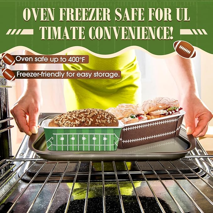 Honeydak 100 Sets Football Game Paper Baking Pans Bulk Paper Mini Loaf Pans with Bags for Baking 6.3 x 2.2 x 2.2 in Disposable Serving Trays Field Ball Pattern the Big Game Party Supplies (Football)