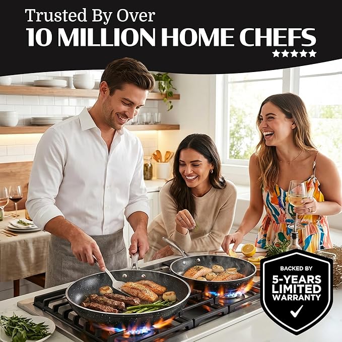 Granitestone Ceramic Nonstick Frying Pan Set 3pc 8/10/12 inch, Non Toxic Skillet Set, Induction Compatible, PFOA Free, Oven & Dishwasher Safe - Black