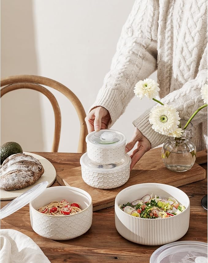 Mixing Bowls with Lids Set of 4, Ceramic Nesting Bowls, Embossed Mixing Bowl Set for Food Storage, Prep Bowl, Gift, Microwave and Dishwasher Safe, 10/18/33/50 OZ, Off-White