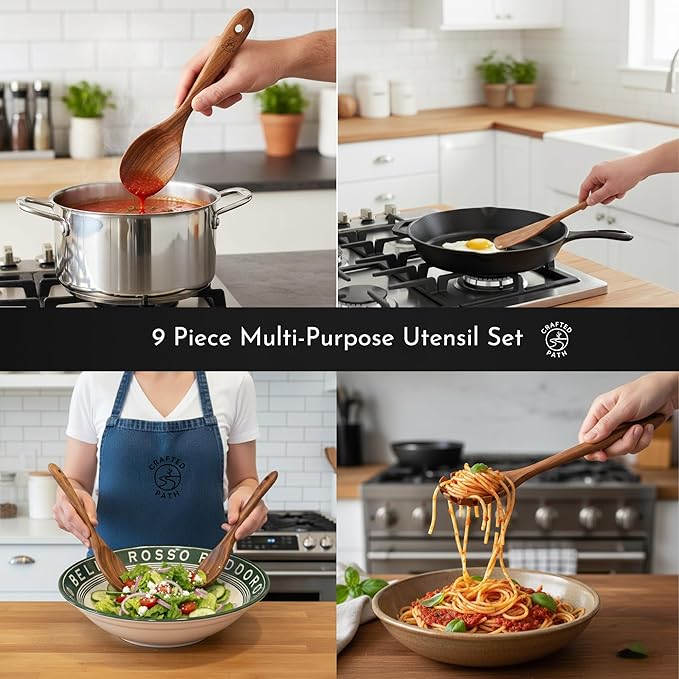 Teak Wooden Utensil Set (9-Piece) – Teak Cooking Utensils for Nonstick Cookware, Teak Wooden Spoons for Cooking & Spatula - Natural Wood Kitchen Utensils by Crafted Path