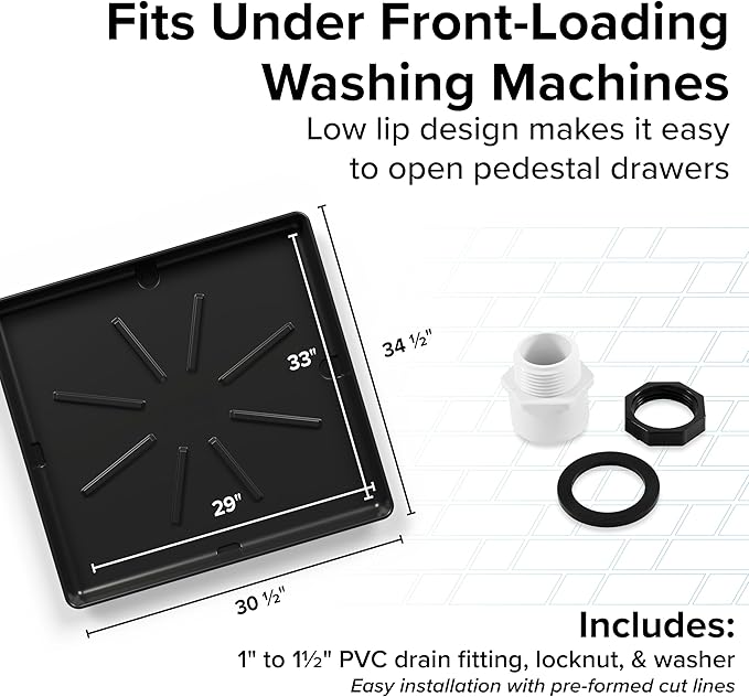 Camco Low Profile Washing Machine Drain Pan with PVC Fitting - 29 inch x 33 inch ID and 30.5 inch x 34.5 inch OD - Protects Your Floors from Washing Machine Leaks - Easy to Use - Graphite - 20784