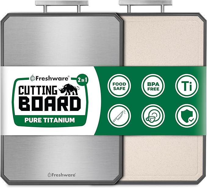 Freshware Titanium Cutting Board for Kitchen, Doble Sided and Non Slip Cutting Boards with Handle, Pure Titanium/PP, Chopping Board with Juice Grooves, Dishwasher Safe, Large 16.2" by 11"