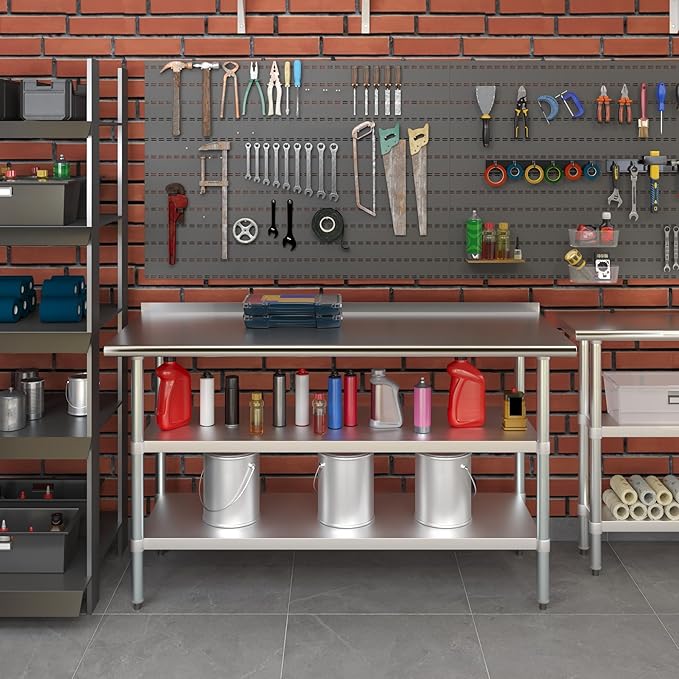 AmGood Stainless Steel Work Table with 1.5" Backsplash and 2 Shelves | NSF (60" Long x 24" Deep)