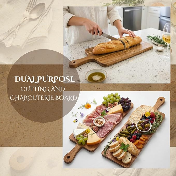 Nuenen 6 Pcs Wood Cutting Board with Handle 16.1 x 4.7 Inch Acacia Bamboo Wooden Serving Kitchen Chopping Boards for Pizza, Bread, Cheese, Charcuterie, Fruit, Vegetables(Narrow Acacia)