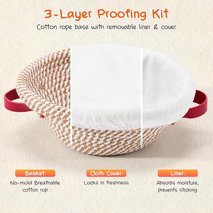 Sourdough Starter Kit, 24oz Starter Jar, 2 Cotton Rope Banneton Bread Proofing Basket Set, 9'' Round & 10'' Oval Baskets with Liners & Covers, Complete Sourdough Bread Baking Set (42PCS)