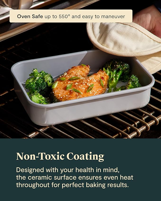 Caraway Nonstick Rectangle Baking Pan Set – 2x 9" x 6.5" & 1x 9" x 13" - Non-Toxic, PTFE & PFOA Free – Aluminized Steel Core – Deep Ceramic Baking Pan for Casseroles, Lasagna & More - White