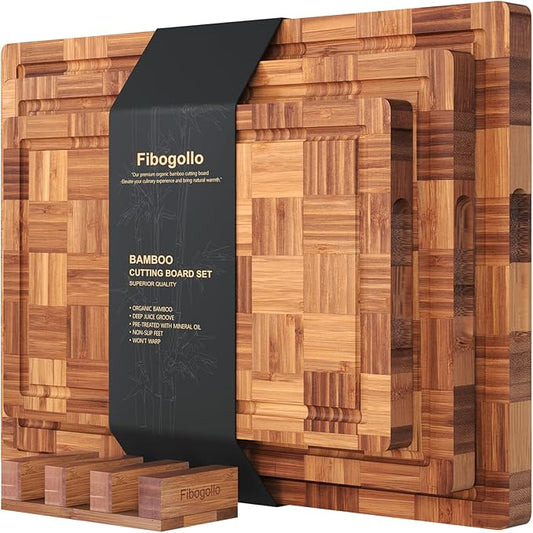 Bamboo Cutting Boards for Kitchen(Set of 3),Chopping Boards with Juice Groove,End Grain Serving Board with Holder,Bamboo Butcher Block for Meat,Vegetables,Fruit