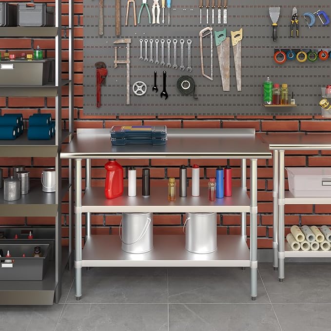 AmGood Stainless Steel Work Table with 1.5" Backsplash and 2 Shelves | NSF (48" Long x 24" Deep)