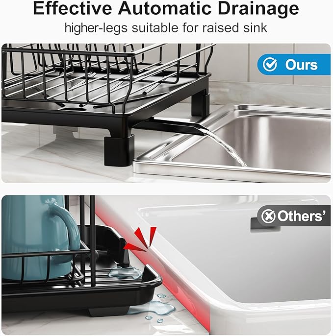 GSlife Small Dish Drying Rack for Kitchen Counter with Drainboard - Compact Dish Drainer for RV, Camper and Apartment, Rust-Resistant Wire Rack with Utensil Holder, 15"L x 10"W, Black