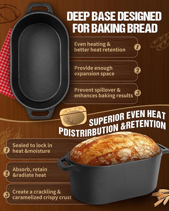 Oval Dutch Oven for Bread Baking, 3.6qt, Black, Up To 1000 ℉ Cast Iron Loaf Dutch Oven With Lid For Homemade Bread, Sourdough Bread Pan