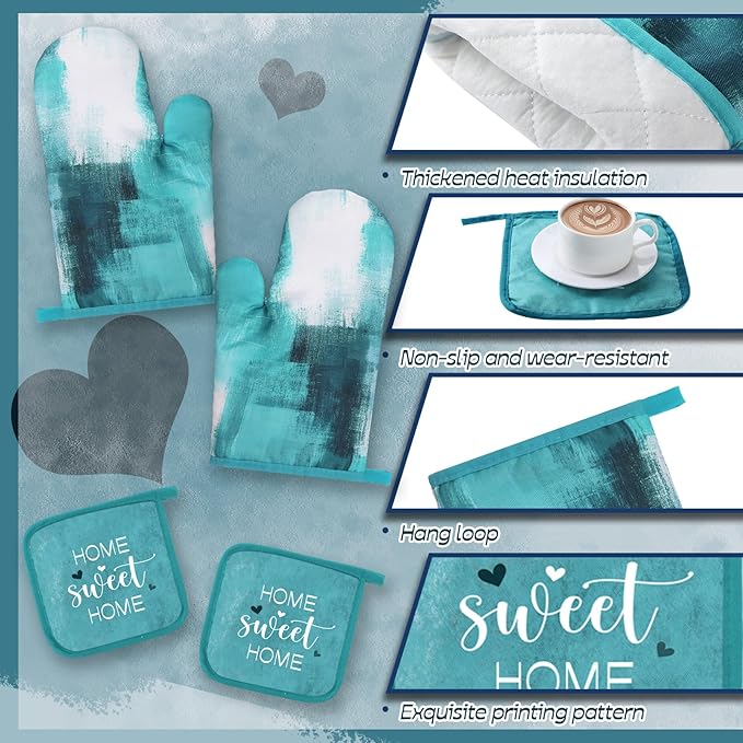 10 Pcs Teal Turquoise Oven Mitts and Pot Holders Kitchen Decor and Accessories Set Turquoise Kitchen Towels Modern Boho Oven Gloves for Home Decorations Cooking Baking Housewarming Gifts