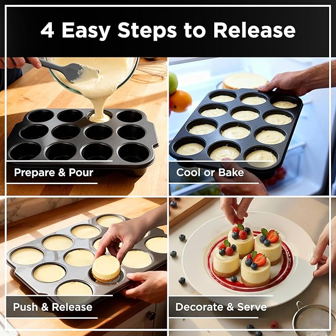Wrenbury Pro Mini Cheesecake Pan - Nonstick Carbon Steel, Removable Bottom, 12 Cup, 3-Inch, Easy Clean, PFOA-Free