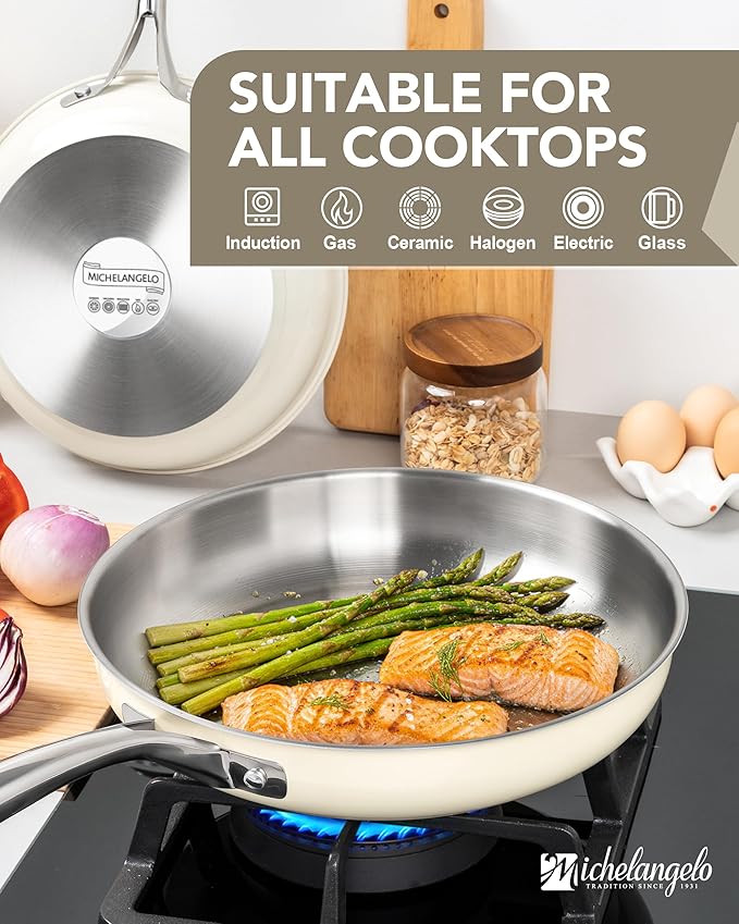 MICHELANGELO Stainless Steel Frying Pan Set, 8" 9.5" 11" Induction Pan, Triply Base Cooking Pans with Ergonomic Handle, for All Stove - Beige