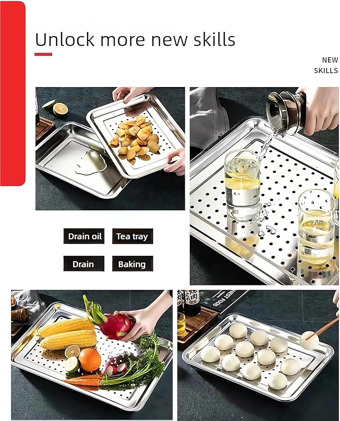 Extra Large 23.5"x15.5" Heavy Duty Commercial Grade 304 Stainless Steel Baking Sheet Set - 2Pcs Cookie Sheets,Uncoated & Non-Toxic, Solid & Perforated Pans for Roasting,Draining,and Food Prep