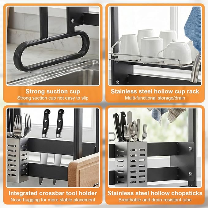 Stainless Steel Dish Drainer with Utensil Holder Kitchen Counter Dishrack Anti-Slip Household Dish Strainers for Draining & Storing Dishes