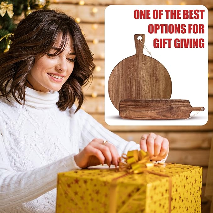 Hsei 2 Pcs Acacia Wood Cutting Board with Handle Wooden Charcuterie Board Large Paddle Carving Chopping Set Butter Serving Tray for Cheese Meat Fruit Bread (Classic Handle,16x12,19x4.7 Inch)