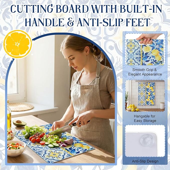 2 Pack Glass Cutting Board for Kitchen, Lemon Tempered Glass Cutting Board with Handles Set Gifts Charcuterie Cheese Snack Boards Decorative, 16 x 12 Inches and 12 x 8 Inches(Blue Lemon)