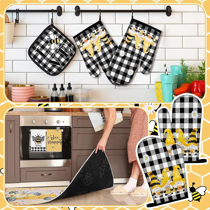 10 Pcs Bee Kitchen Decor Sunflower Oven Mitts and Pot Holders Set Bee Dish Towels Rugs Mats Buffalo Plaid Farmhouse Kitchen Accessories for Chef Baking Cooking Grilling BBQ Women Home Gift