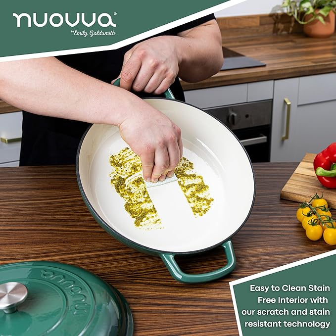 Shallow Cast Iron Casserole with Lid – Non Stick Dutch Oven Pot, Oven Safe up to 500° F – Sturdy Ovenproof Stockpot Cookware – Enamelled Cooking Pot – Dark Green, 5-Quart, 32cm – by Nuovva