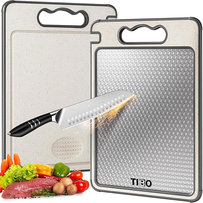 TIBO Cutting Board – 14.5 * 9.8in TIBO Titanium Cutting Board with Built-In Knife Sharpener, Double-Sided Pure Titanium & PP Kitchen Board, Food Prep Board for Meat & Veggies