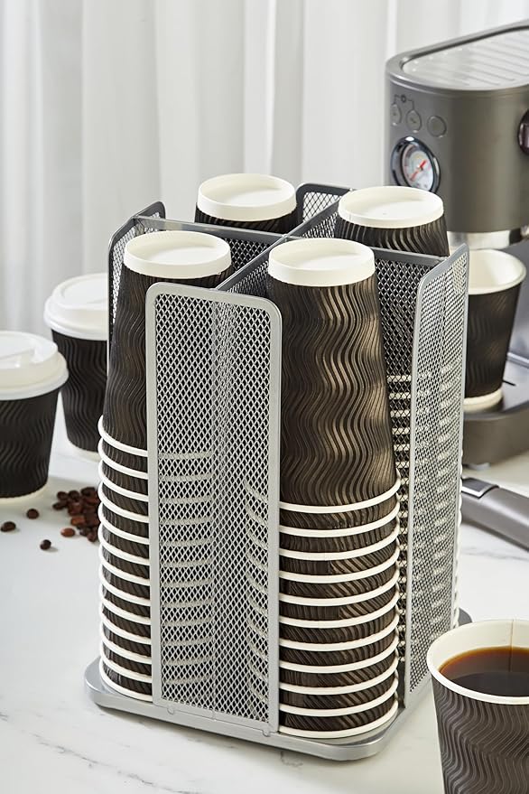 Annova Paper/Plastic Cup and Lid Holder Plastic Storage Organizer, 360°Rotating Coffee Mup Dispenser with 4 Compartments, Multifunctional Storage Rack for Home, Office, Bar, Coffee Shop (Silver)