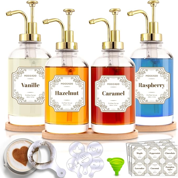 Glass Coffee Syrup Dispenser for Coffee Bar - Set of 4 Gold 500 ml / 16.9 oz Glass Syrup Bottles, Includes 2 Bamboo Trays, 16 Stencils, Labels, Coffee Bar Accessories