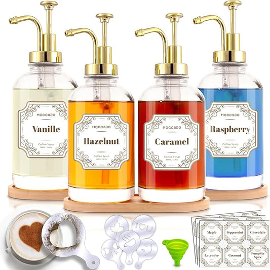 Glass Coffee Syrup Dispenser for Coffee Bar - Set of 4 Gold 500 ml / 16.9 oz Glass Syrup Bottles, Includes 2 Bamboo Trays, 16 Stencils, Labels, Coffee Bar Accessories