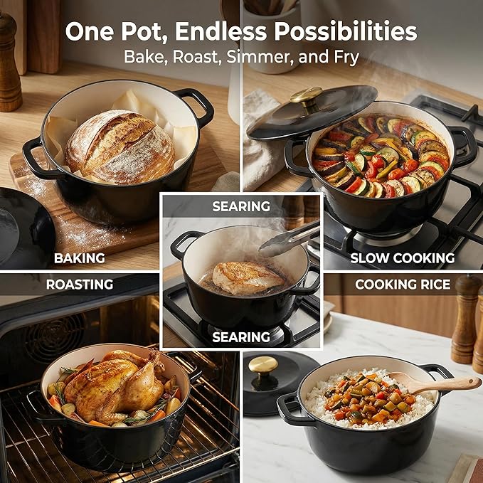 7QT Enamel Cast Iron Dutch Oven with Lid,Dual Handles,Versatile Heavy-Duty Non-toxic Cookware for Sourdough Bread Baking,Braising,Stews,Roasting,Oven Safe up to 500°F black