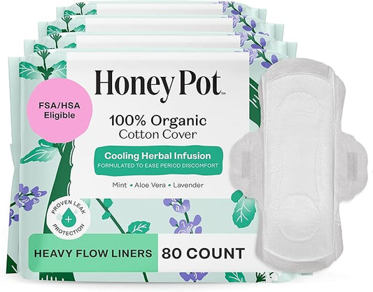 The Honey Pot Company - 80ct - Herbal Panty Liners for Women - Heavy Flow w/Wings - Infused w/Essential Oils for Cooling Effect & Organic Cotton Cover - Feminine Care