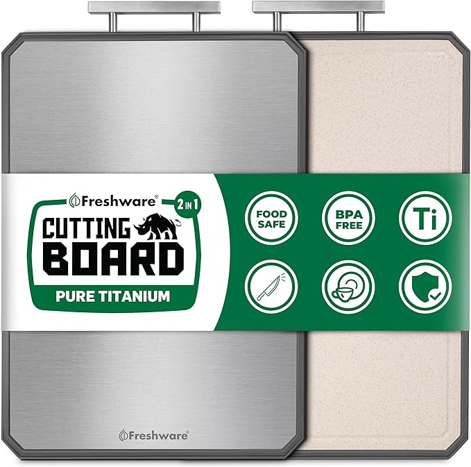 Freshware Titanium Cutting Board for Kitchen, Double Sided and Non Slip Cutting Boards with Handle, Pure Titanium/PP, Chopping Board with Juice Grooves, Dishwasher Safe, Extra Large 19.7" by 13.5"