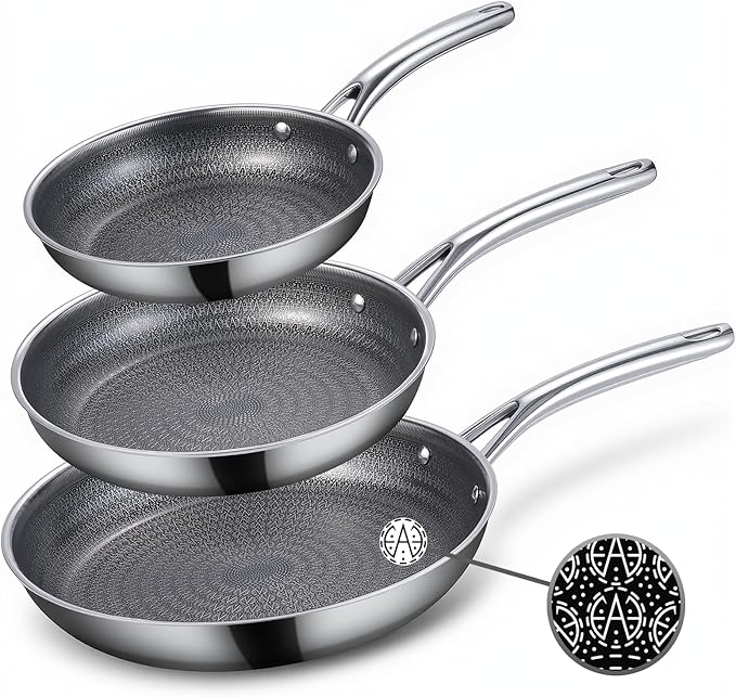 Ammeloo Tri-Ply Stainless Steel Frying Pan Set of 3, 8", 9.5", 11", Non Stick Frying Pans and Skillets, Non Toxic Hybrid Pan, Induction Compatible Cooking Pans, Chef Pan, Black Interior