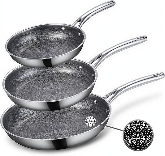 Ammeloo Tri-Ply Stainless Steel Frying Pan Set of 3, 8", 9.5", 11", Non Stick Frying Pans and Skillets, Non Toxic Hybrid Pan, Induction Compatible Cooking Pans, Chef Pan, Black Interior