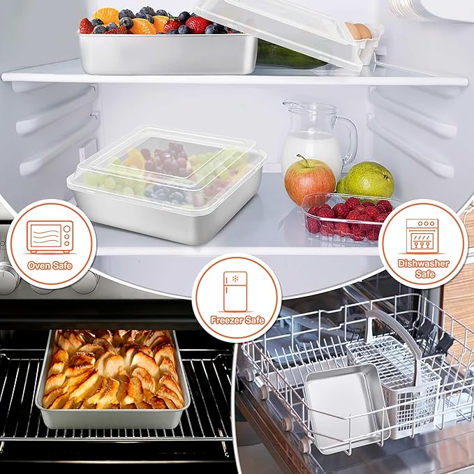 Herogo Baking Pan with Lid, 9''x 9'' Stainless Steel Nonstick Square Deep Cake Pan, Rectangle Cakes Bakeware for Brownies Casseroles, Non Toxic & Dishwasher Safe, Set of 4