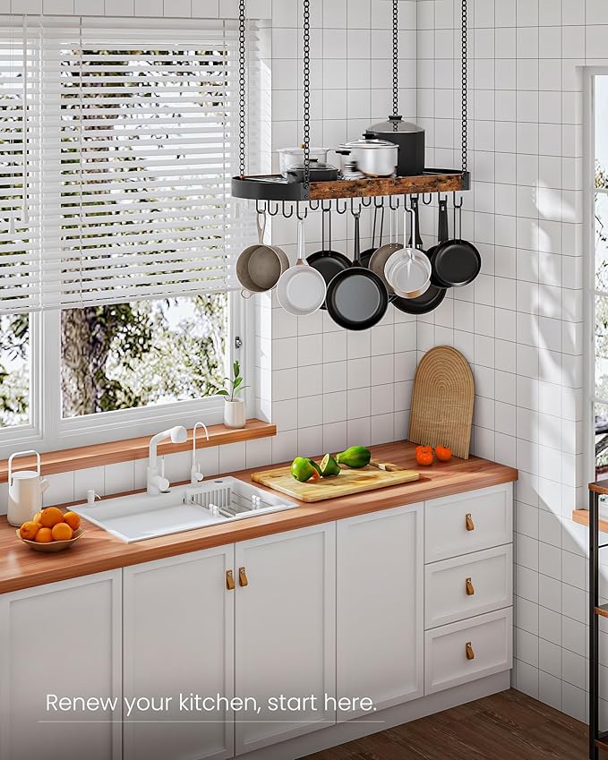 31.7-Inch Hanging Pot Rack, Space-Saving Pot Hanger for Kitchen, Ceiling Pan Hanging Rack with 16 Detachable S Hooks, Sturdy Metal Frame, Industrial Style, Rustic Brown and Black TPR09BF