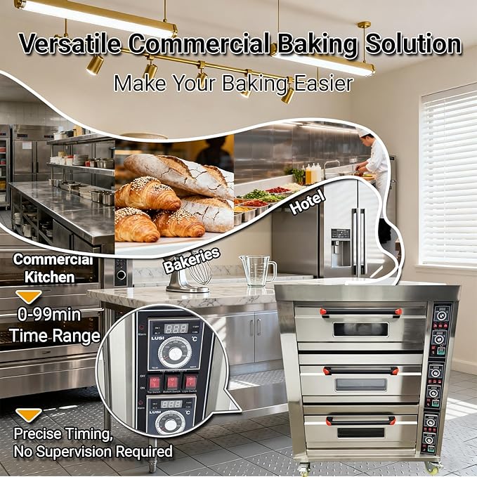 Commercial Electric Pizza Oven 3 Layers Movable Large Triple Baking Oven 19.8KW, 6 Baking Sheets, 20℃-400℃ Stainless Steel,for Restaurants, Bakeries, Pizza, Bread, Meat 220V 3PH