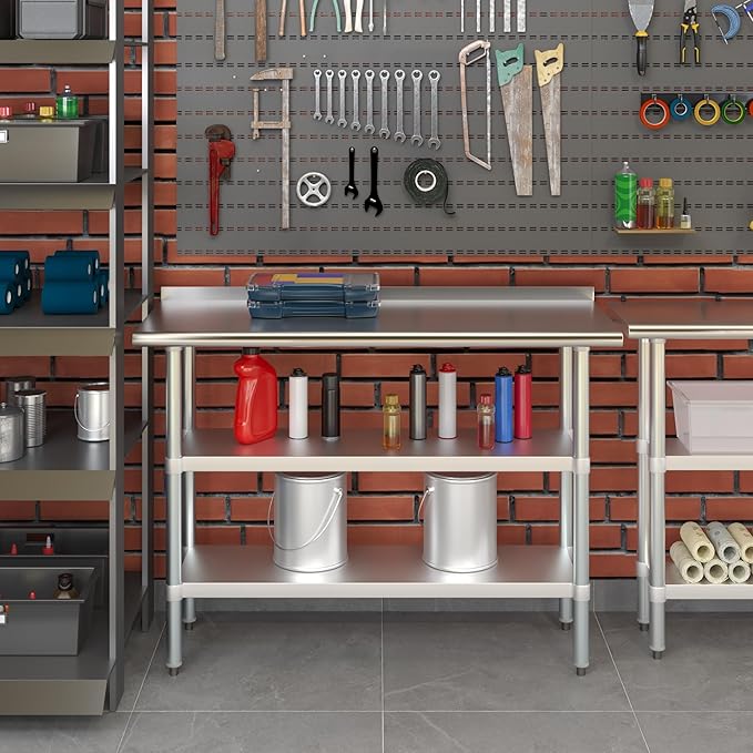 AmGood Stainless Steel Work Table with 1.5" Backsplash and 2 Shelves | NSF (48" Long x 18" Deep)