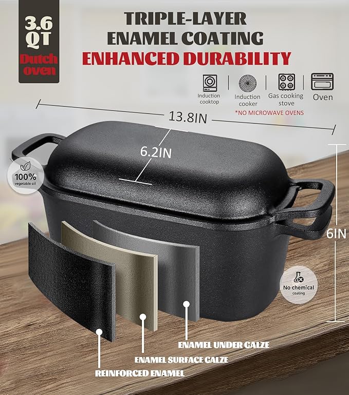 Dutch Oven for Bread Baking-Sourdough Bread Baking Supplies Starter Kit, 11" Oval Bread Proofing Basket 3.6QT Oval Cast Iron Pot Bread Pan with Lid