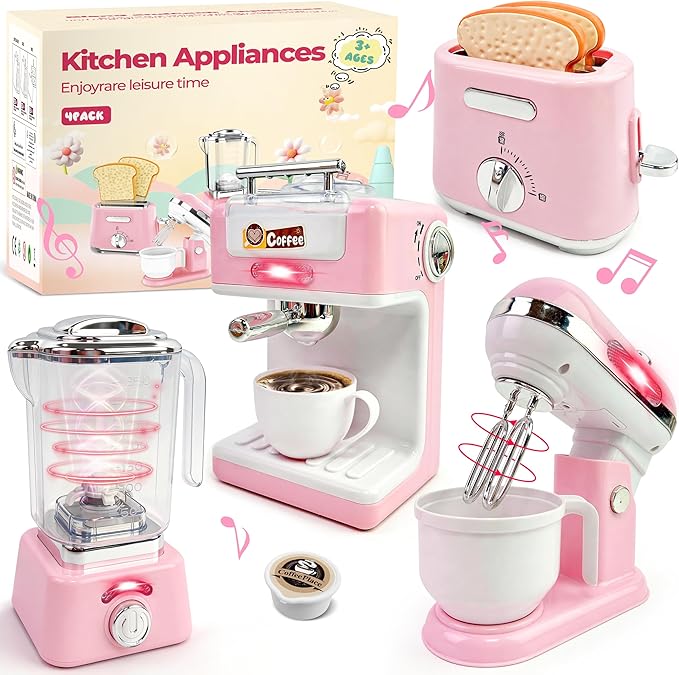 Kids Play Kitchen Accessories Toys Set,Prented Play Kitchen Appliances Playset,Blender,Coffee Maker,Mixer,Toaster with Light & Sound,Kitchen Sets for Kids Age 4-8,Pink Kitchen Toys for Toddler Girls