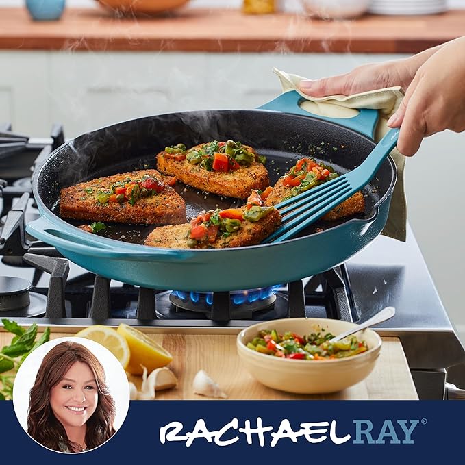 Rachael Ray Nitro Cast Iron Skillet with Side Handles, 14 inch, Agave Blue