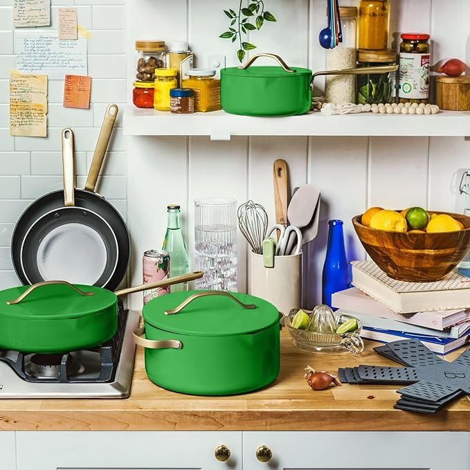 Pans12pc Ceramic Non-Stick Cookware Set by Drew Barrymore, Pots & Pans with Lids, Dishwasher‑Safe,Soft‑Touch Handles, Even‑Heat Base. (Kelly Green)