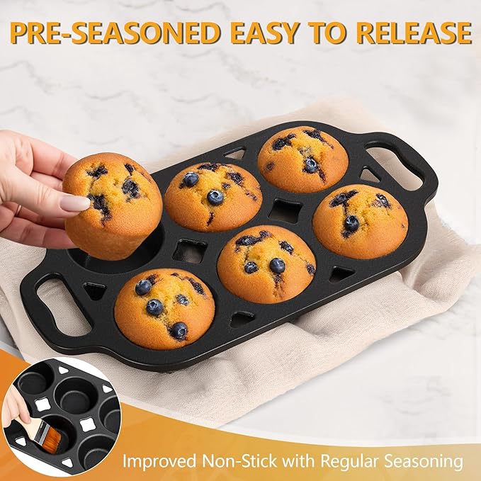 Pre-Seasoned Cast Iron Muffin Pan - 6-Cup Nonstick Cupcake Pan, 2 Piece Set
