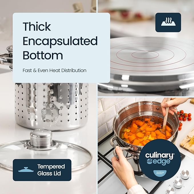 Culinary Edge 4-Piece Multi Cooker Stainless Steel Steamer Pot | Stockpot, Pasta Insert, Steamer Basket & Glass Lid | Pasta Pot Cooking Set for Meat, Vegetables, Seafood, Tamales, Soup & More | 4 Qt